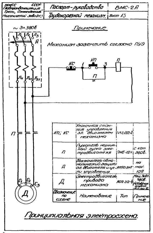 Електрична схема резьбонарезного верстата ВМС-2А